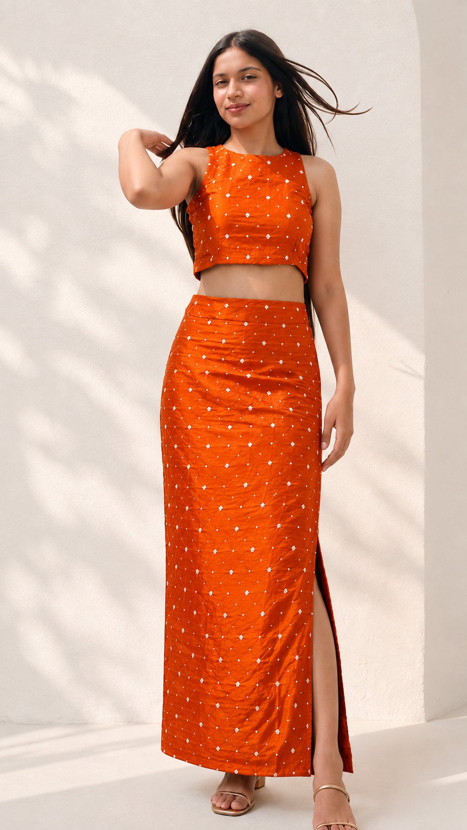 Orange Chiniya Silk Fabric With Bandhani