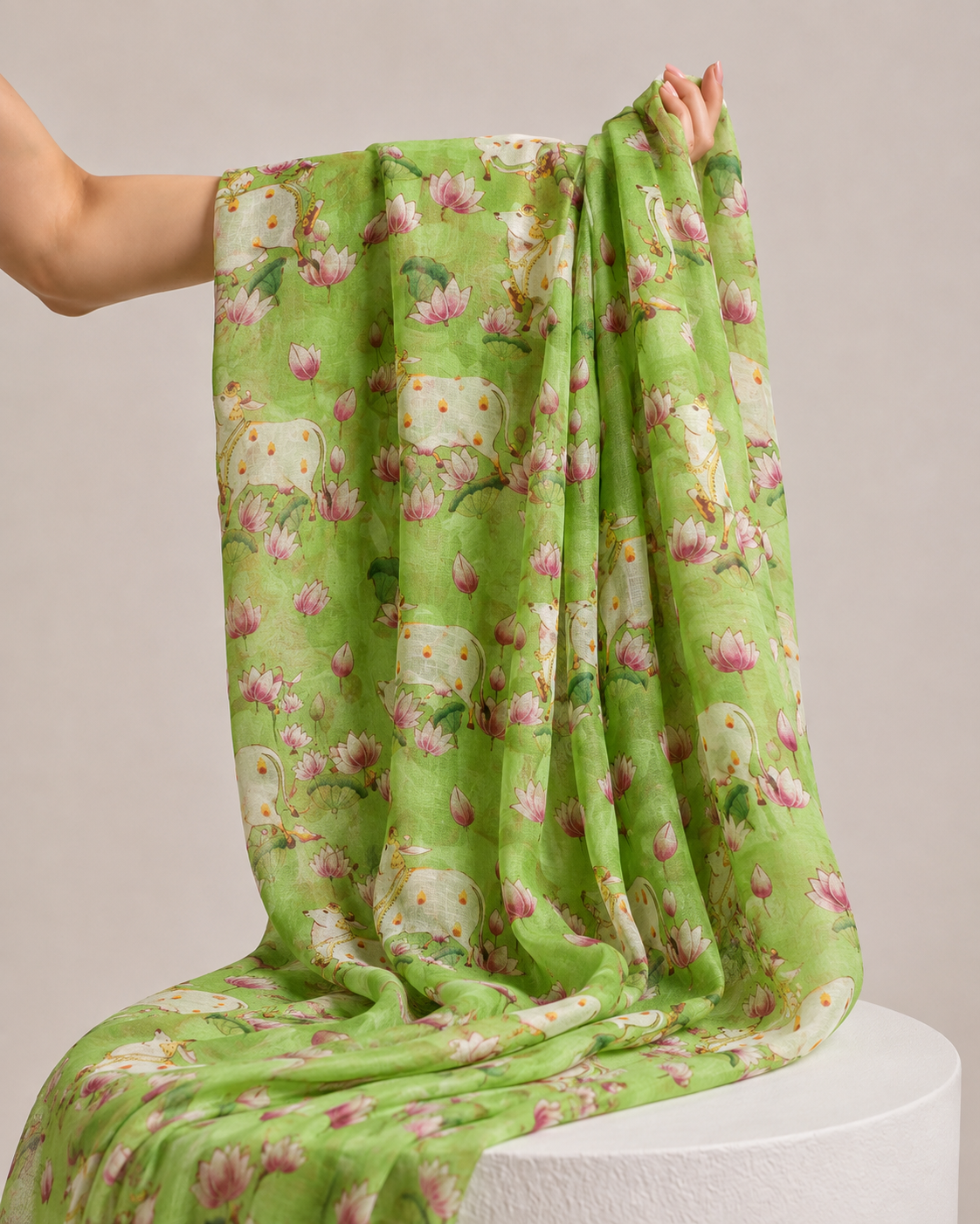 Lime Green Mul Pichwai Prints Fabric