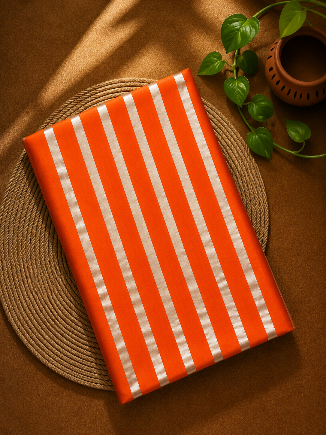 Orange & Silver Pure Satin Silk Stripe Fabric