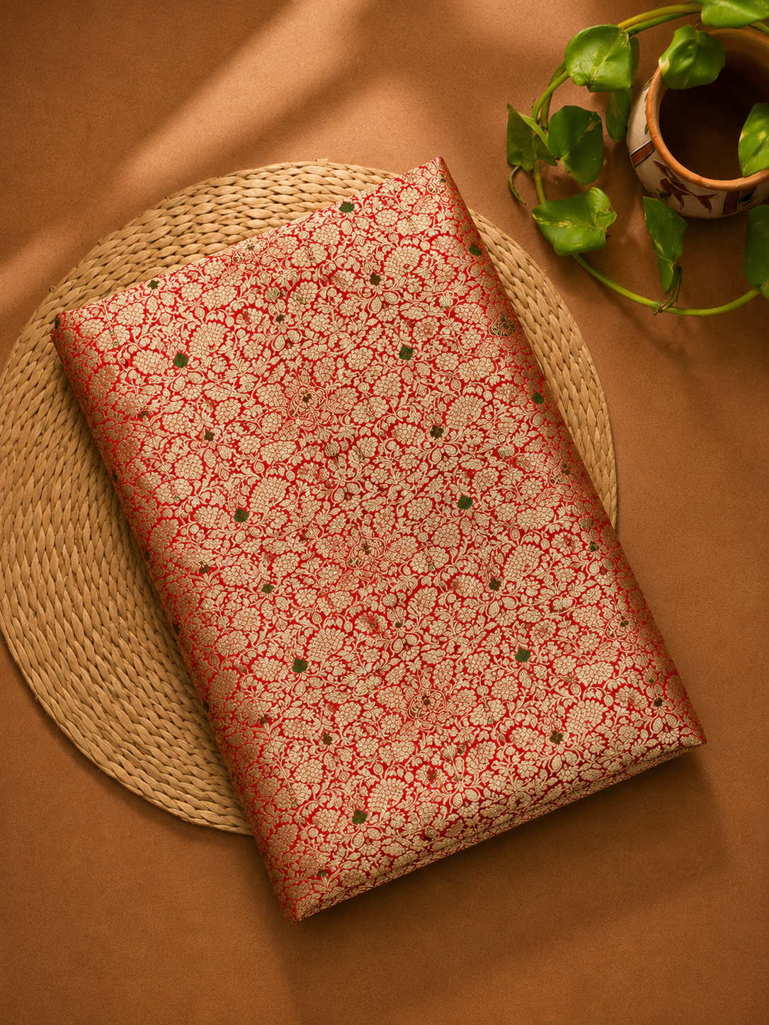 Red Meenakari Brocade Katan Silk Handloom Fabric
