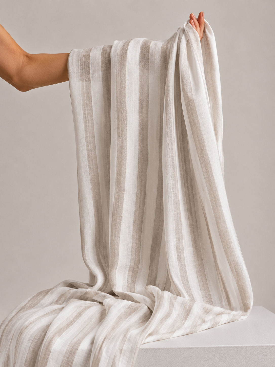 Warm Beige & Ivory Striped Mul Prints Fabric