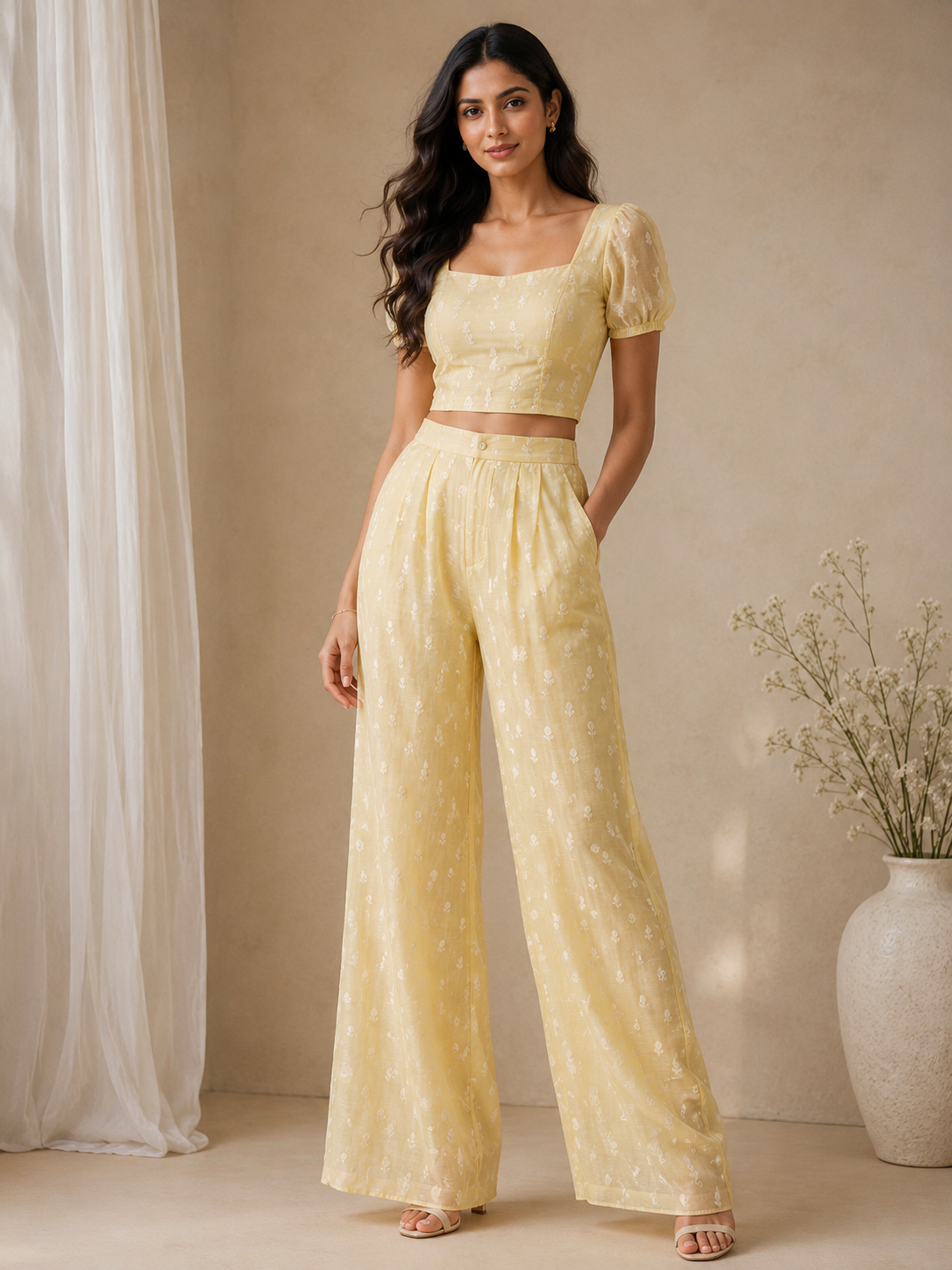 Pastel Yellow Silk Linen Fabric With Flower Embroidery