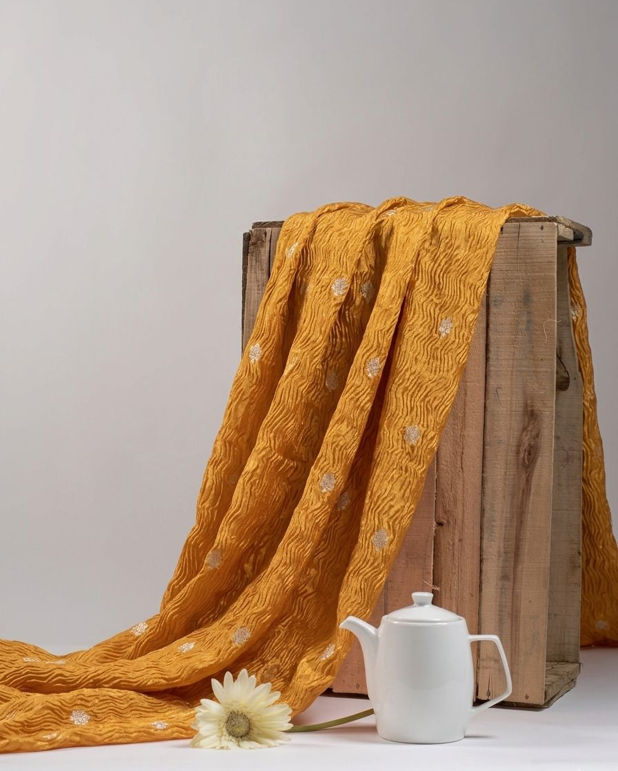 Mustard Gold Crushed Tissue Fabric with Gold Zari Floral Motifs