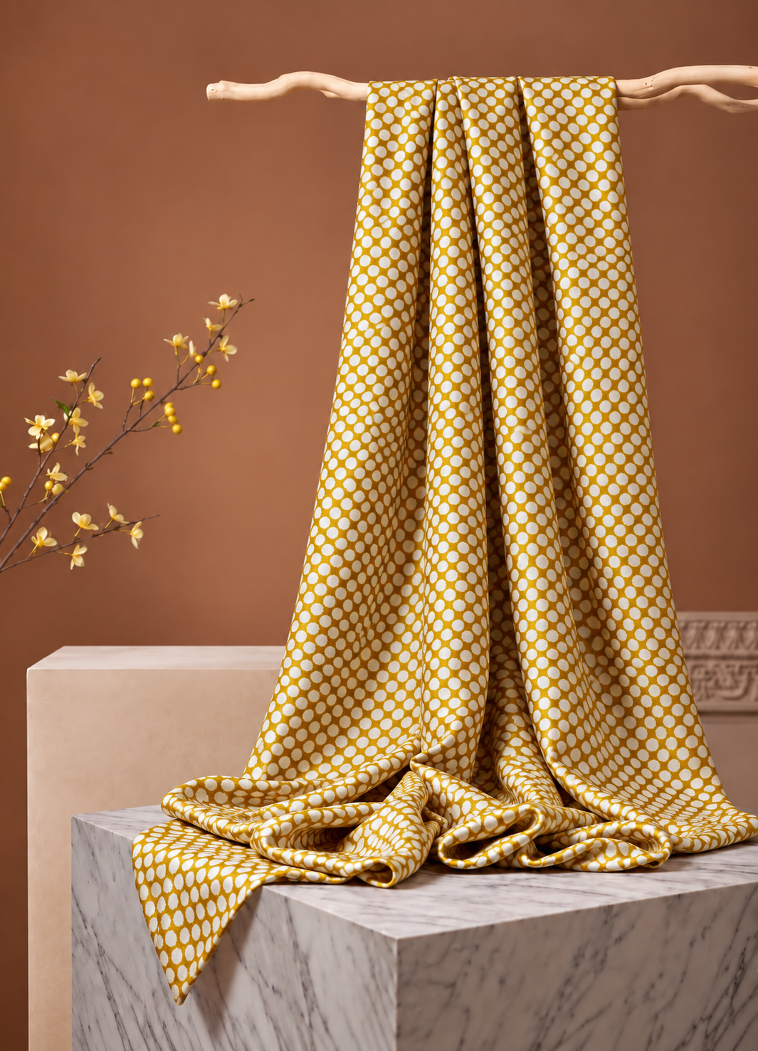 Yellow Muslin Silk Polka Block Print Fabric
