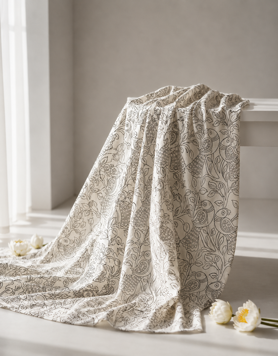 Pure Chanderi Silk Fabric With Black Hand Block Prints
