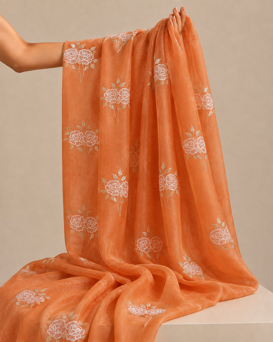 Orange Mul Fabric Floral Embroidered Motif