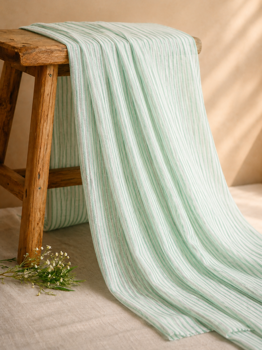 Pastel Mint & White Striped Linen Fabric