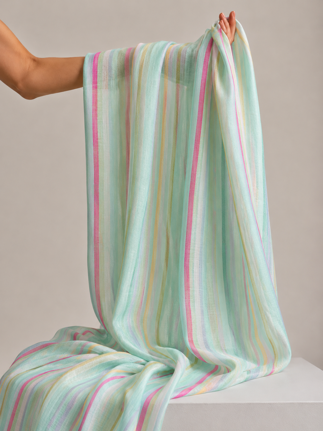 Mint Green Pastel Stripe Mul Cotton Printed Fabric