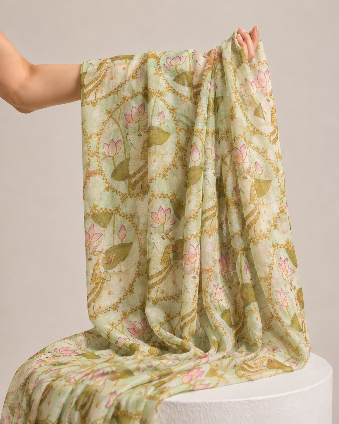 Sage Green Mul Pichwai Prints Fabric