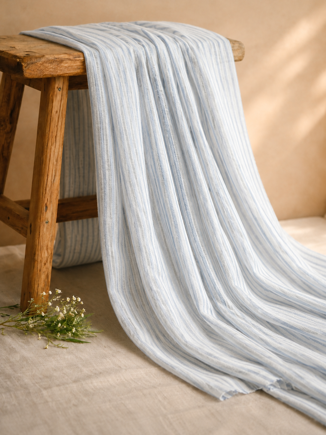 Powder Blue & White Striped Linen Fabric