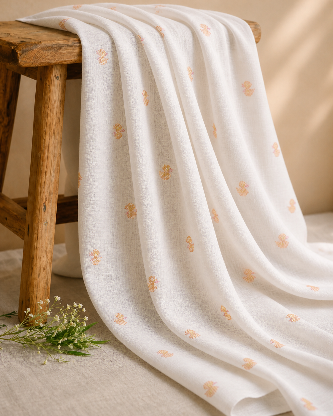 White Linen Fabric With Duck Embroidery