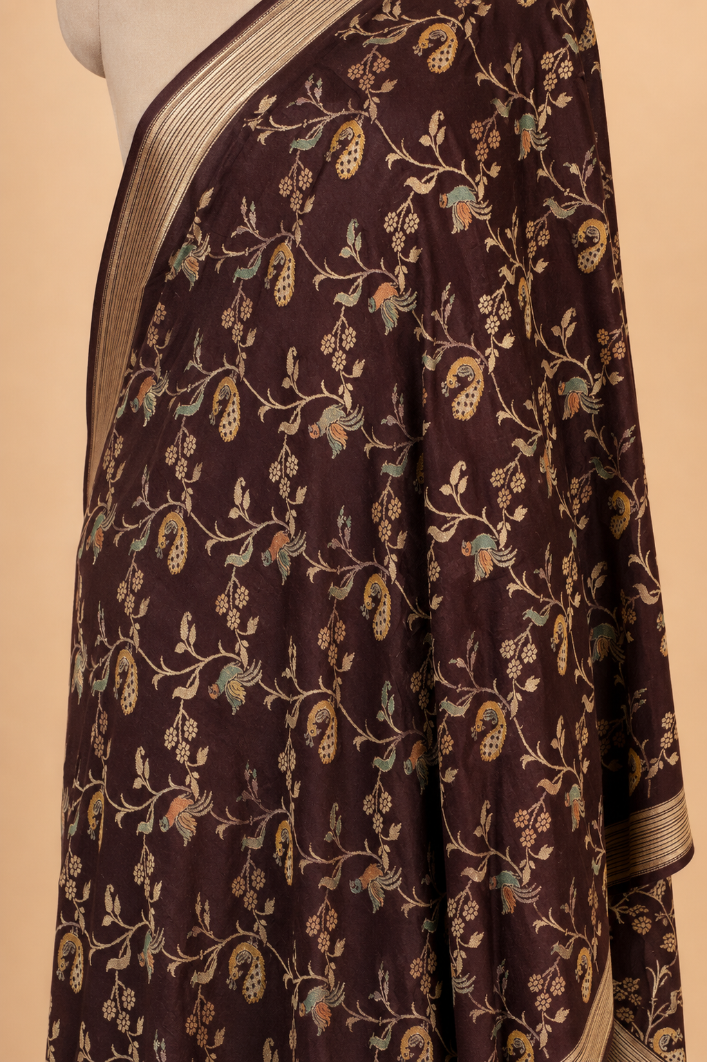 Hand Brush-Dyed Moonga Silk Dupatta with Floral Vine & Bird Motifs