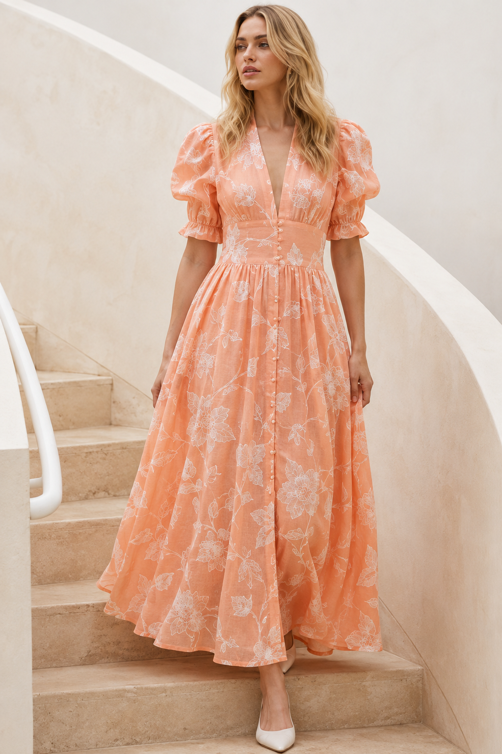 Peach Mul Fabric With White Appliqué Work