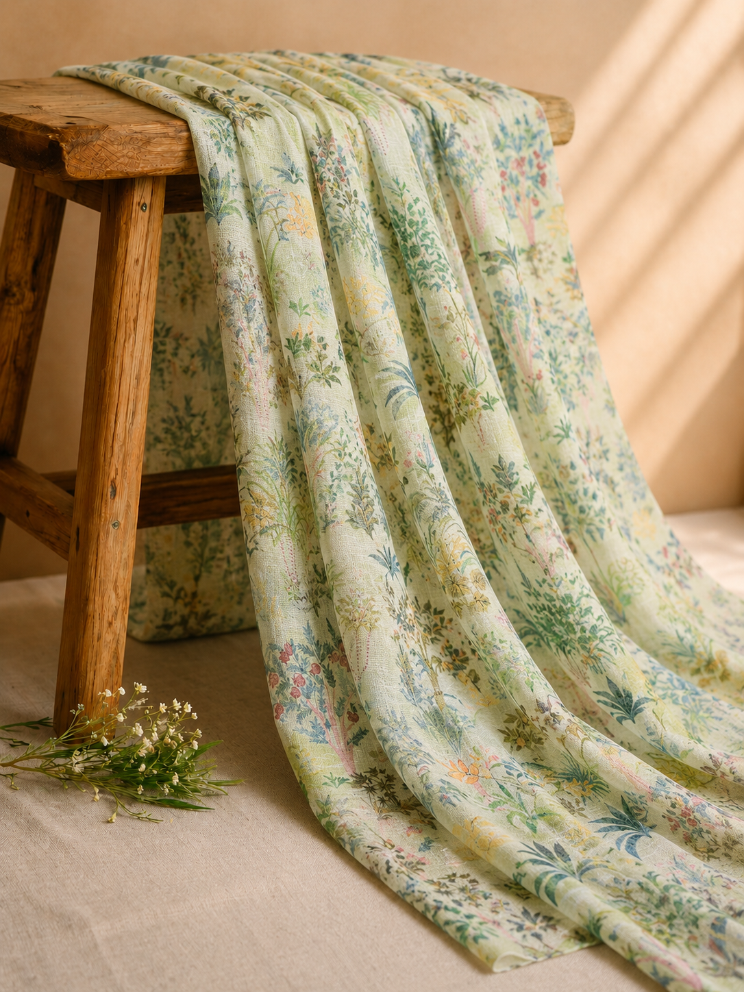 Pastel Green Linen Printed Fabric with Botanical Motifs