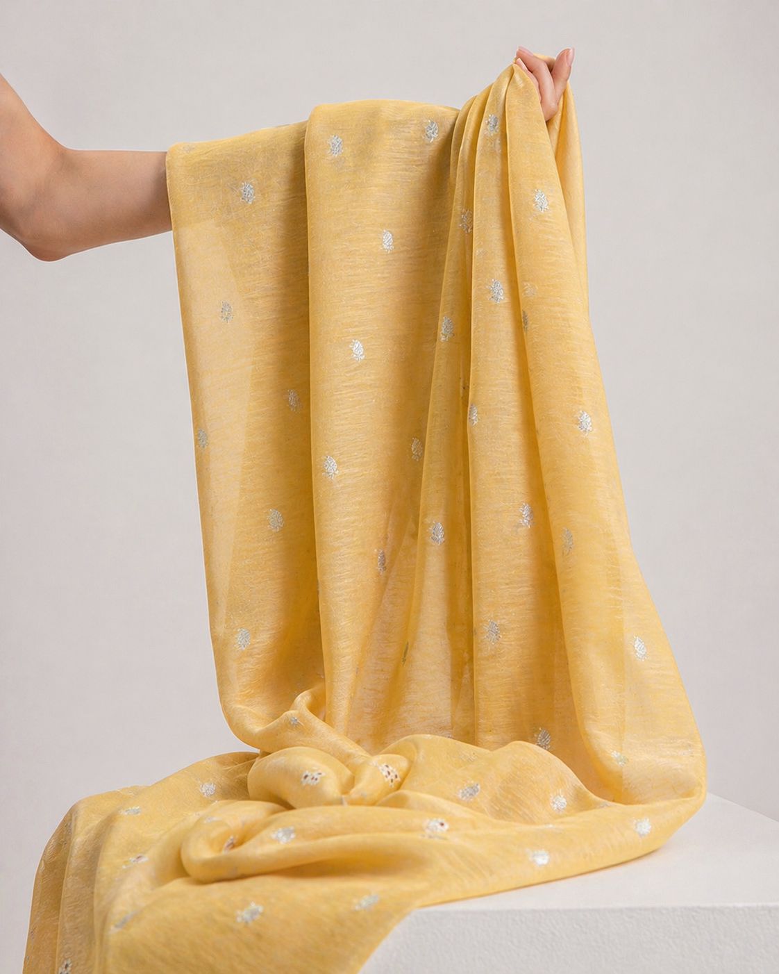Light Yellow Pure Mul Fabric With Silver Zari