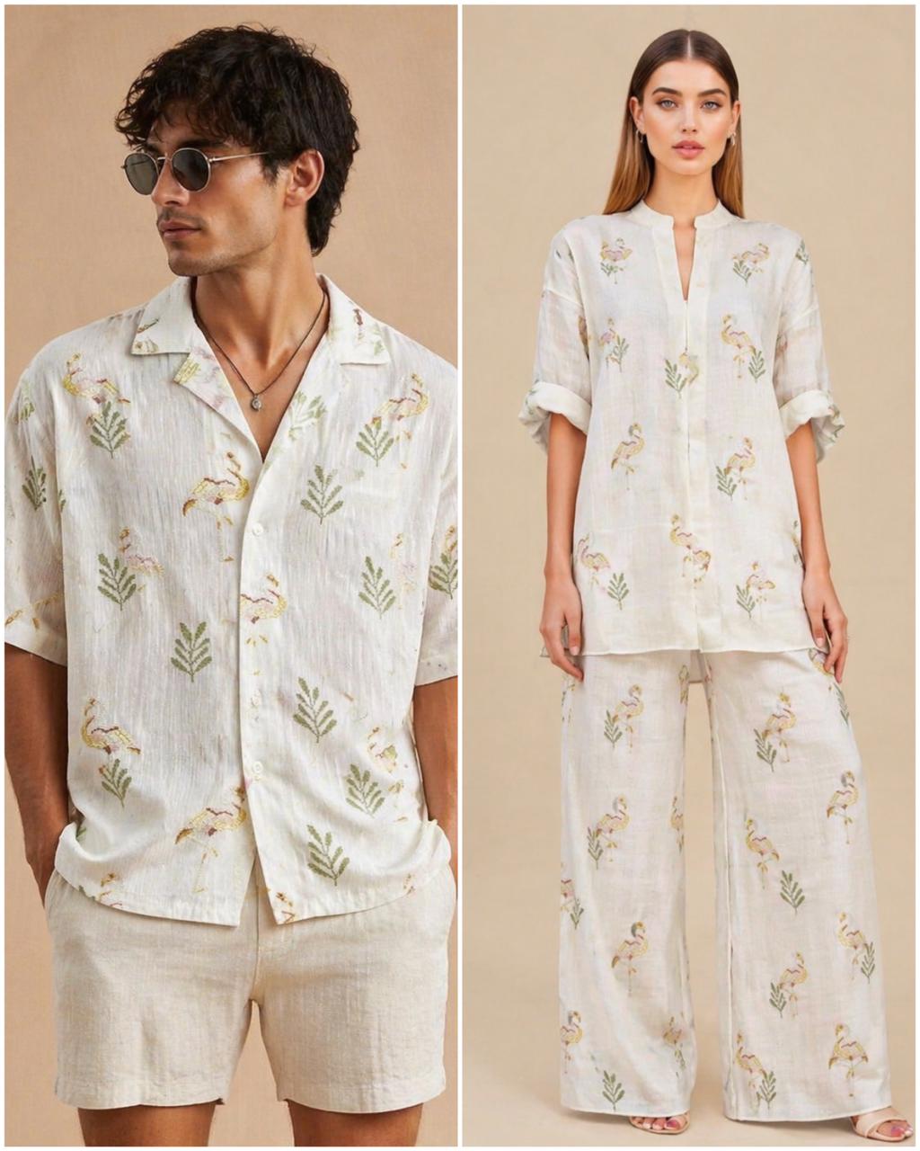 Off-White Premium Cotton Fabric With Flamingo Embroidery