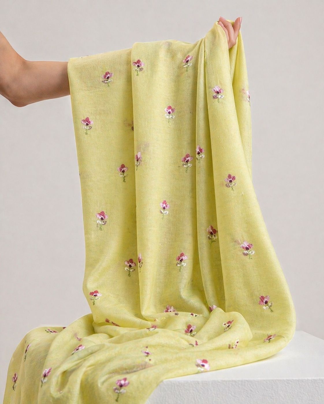 Lemon Yellow Mul Fabric With Embroidery