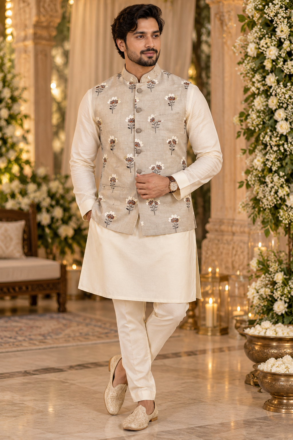 Beige Pure Tussar Natural Floral Embroidered Fabric