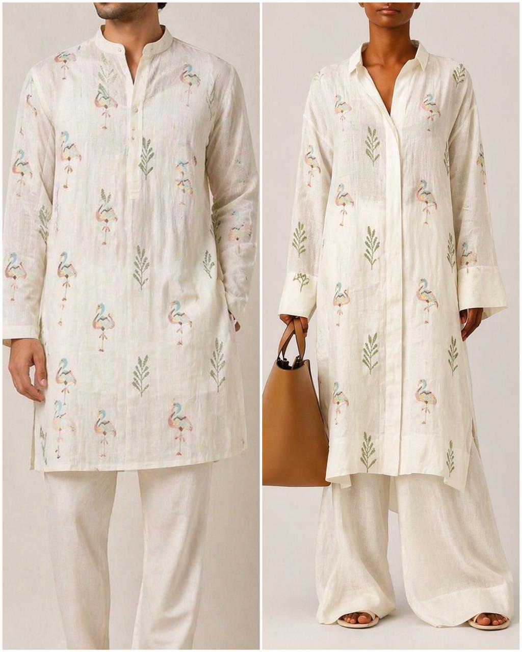 Off-White Premium Cotton Fabric With Flamingo Embroidery