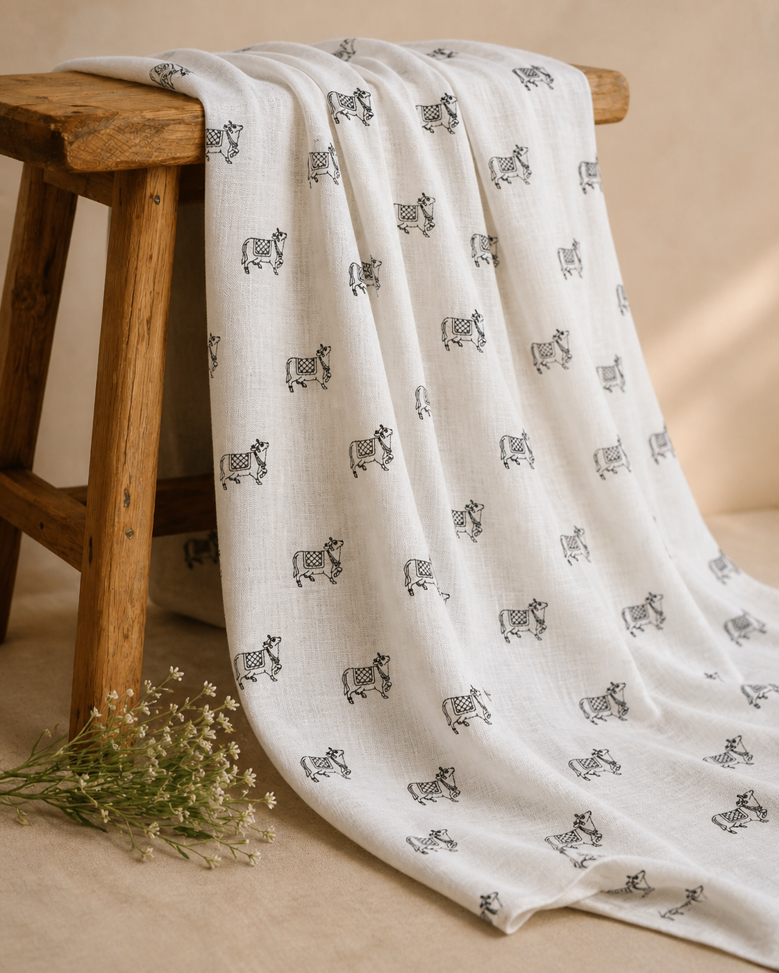 White Linen Fabric With Nandi Motif Embroidery