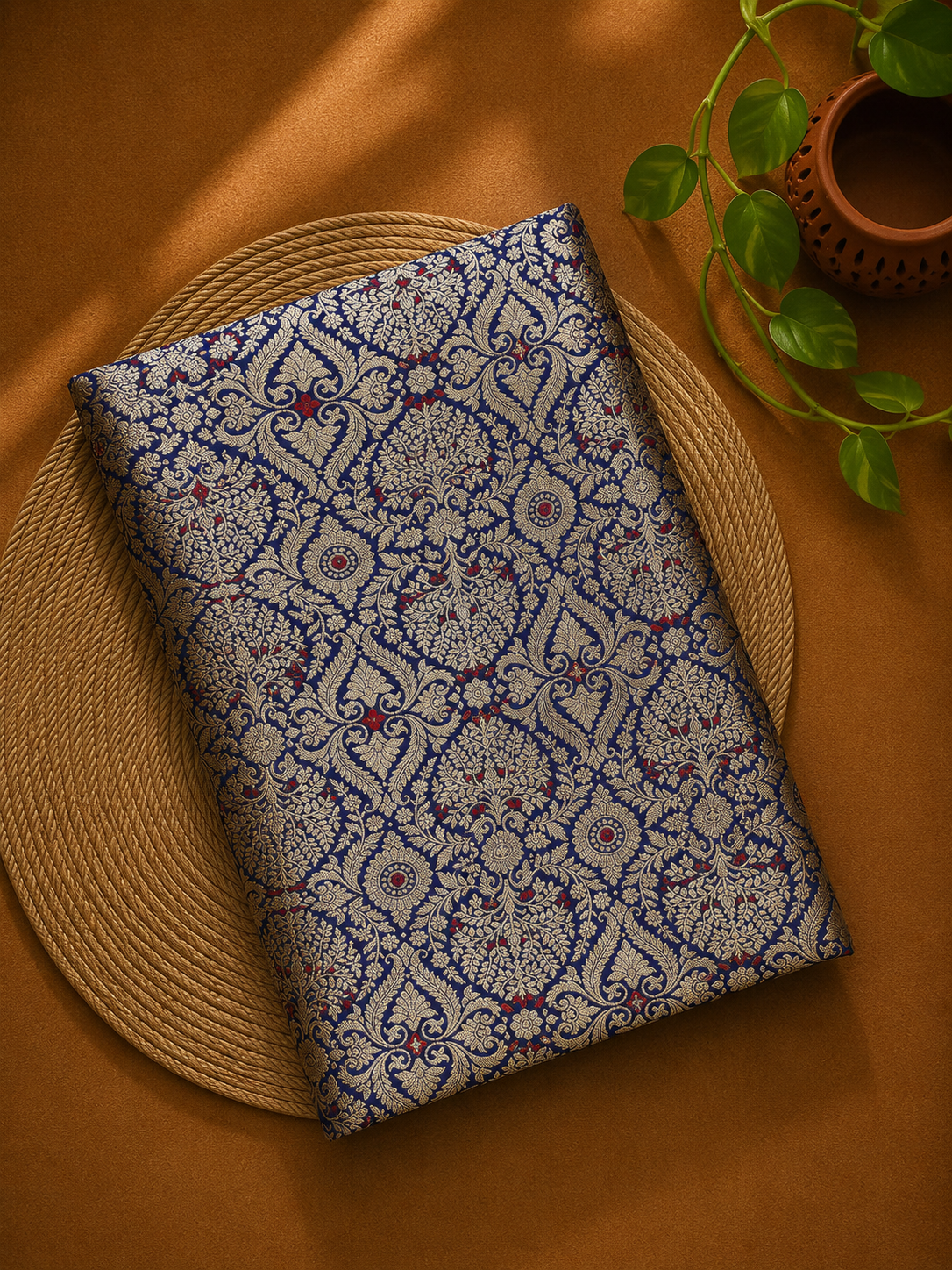 Deep Blue Meenakari Brocade Katan Silk Handloom Fabric