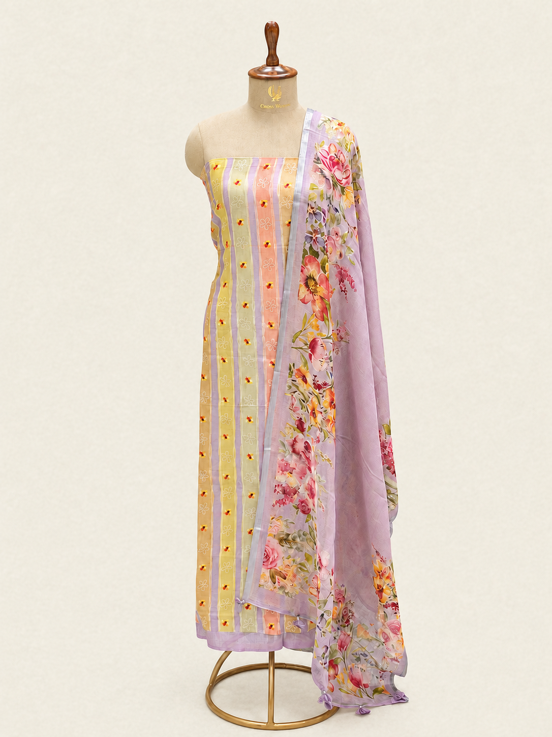 Pastel Stripe Pure Linen Suit Set with Floral Print Dupatta