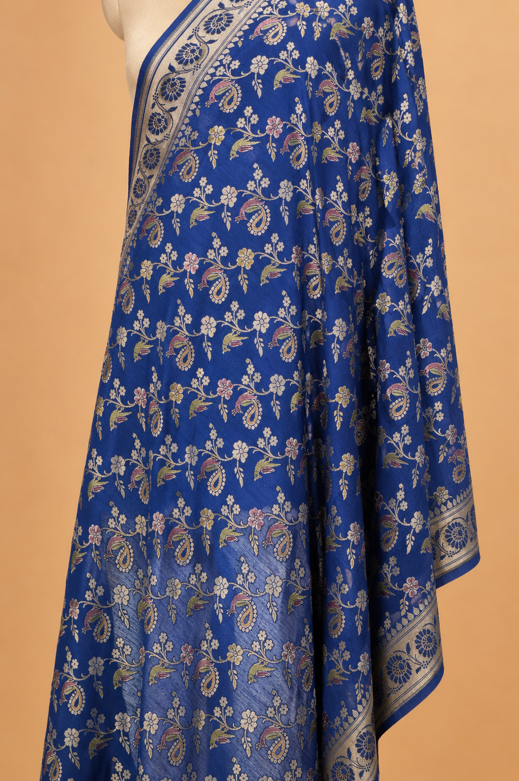Hand Brush-Dyed Moonga Silk Dupatta with Floral Motifs