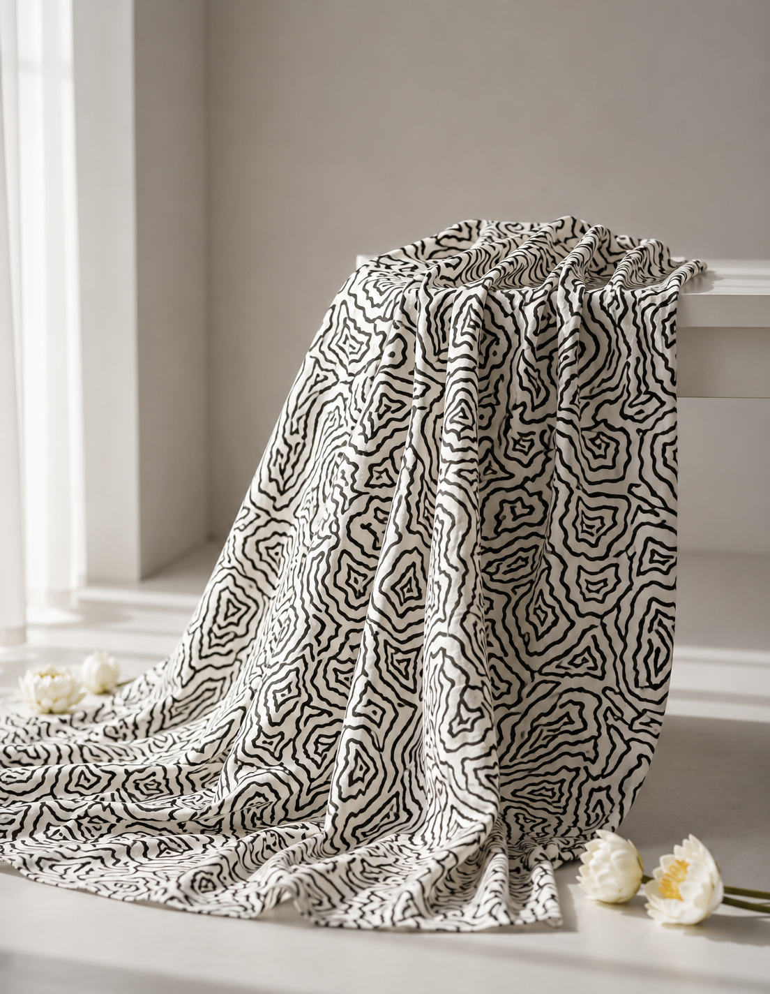 Pure Chanderi Silk Fabric With Black Hand Block Prints