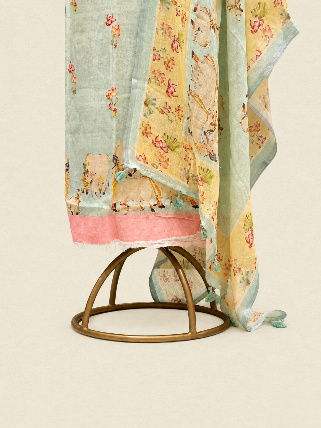 Pastel Aqua Pure Linen Suit Set with Pichwai Cow Motif Dupatta