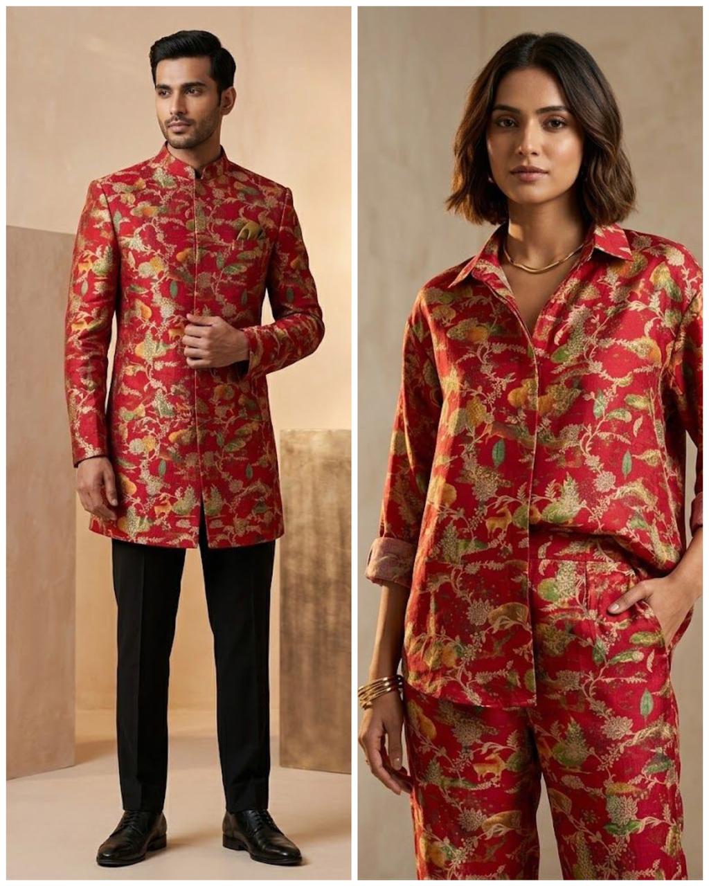 Red Pure Soft Silk Fabric With Pichhwai Jungle Pattern