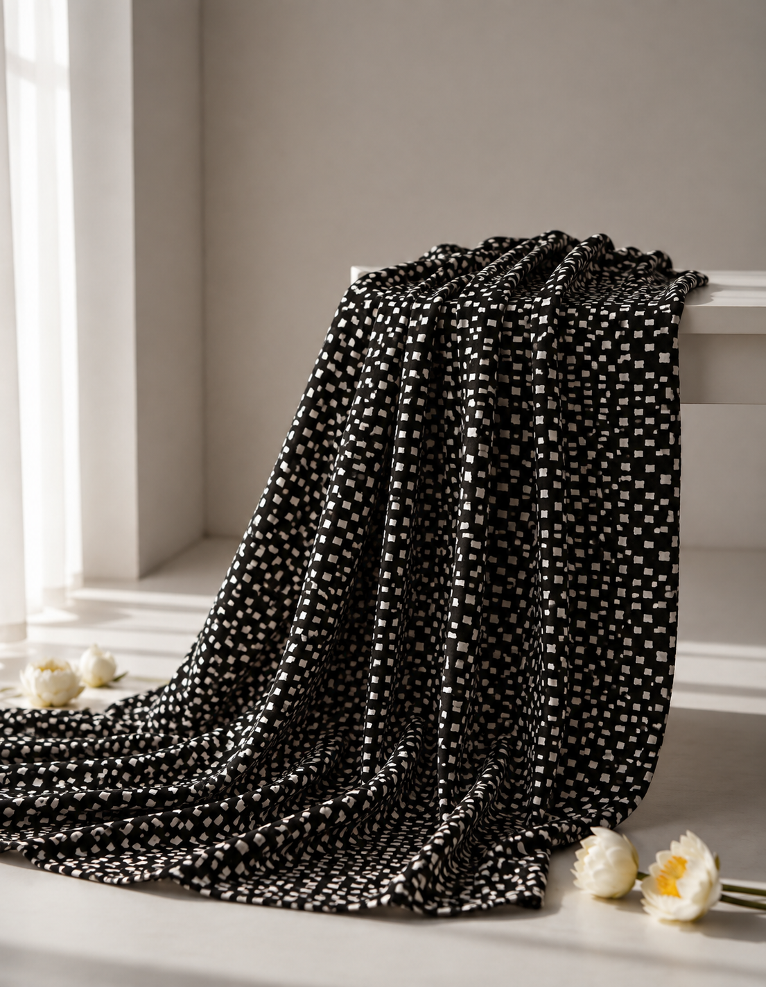 Pure Chanderi Silk Fabric With Black Hand Block Prints