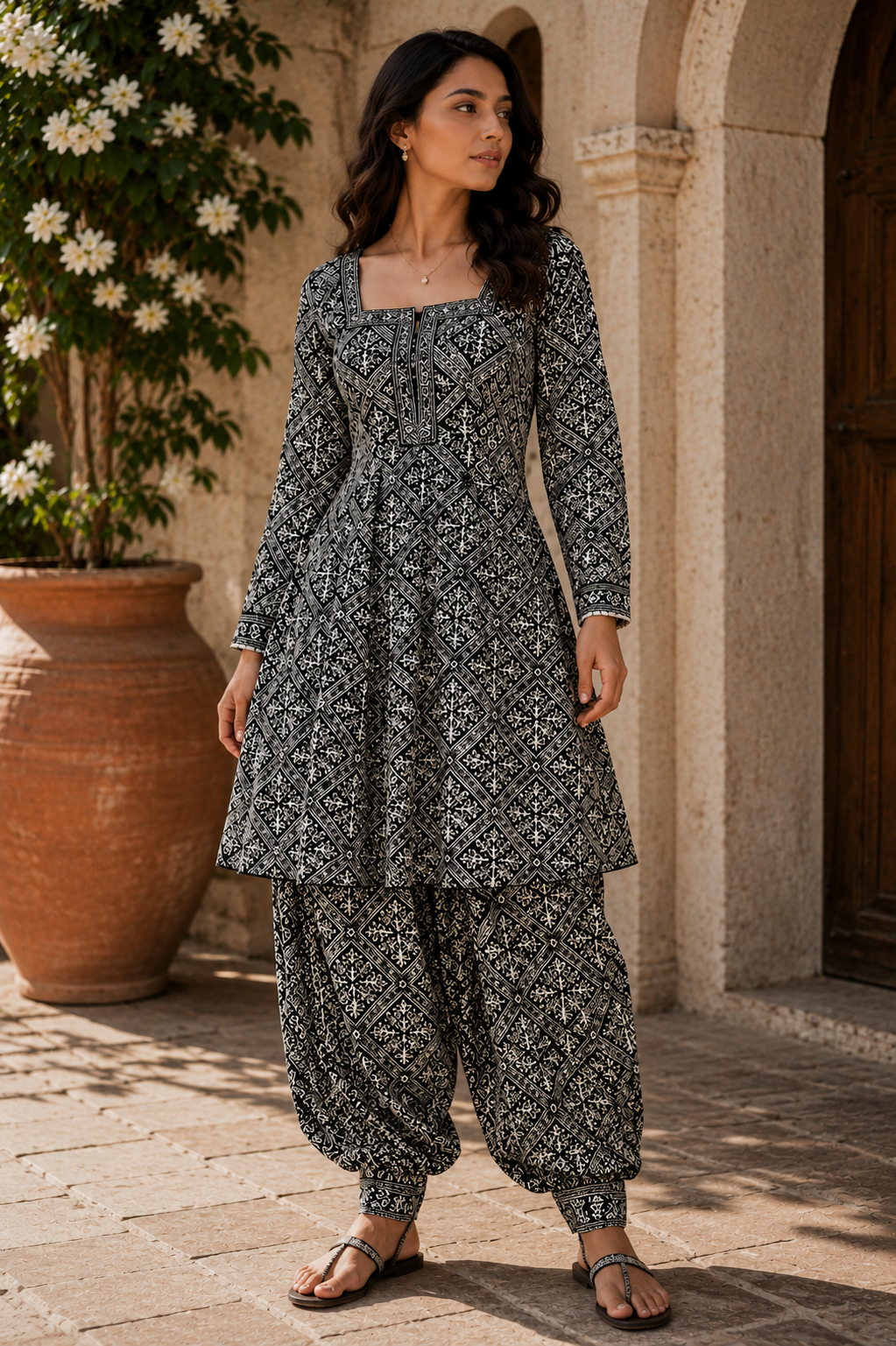 Pure Chanderi Silk Fabric With Black Hand Block Prints