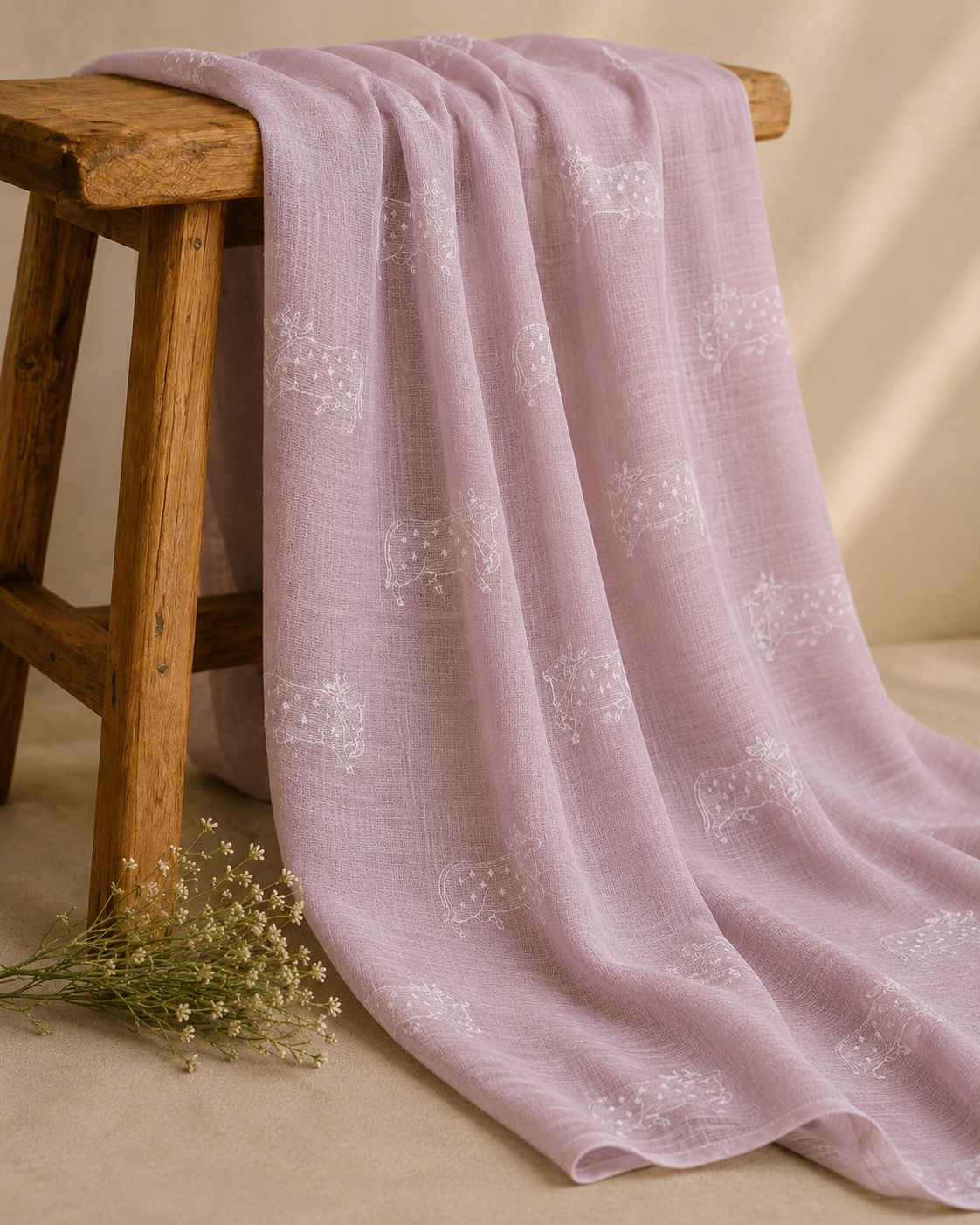 Light Pink Silk Linen Fabric With Nandi Embroidery