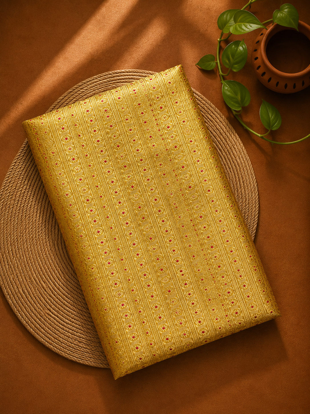 Yellow Meenakari Brocade Katan Silk Handloom Fabric