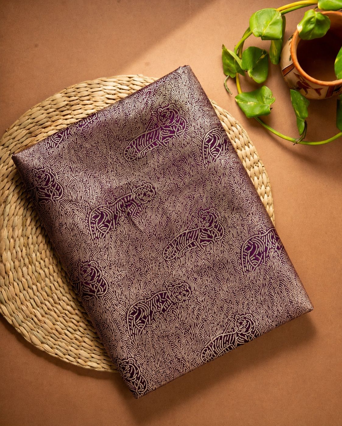 Deep Magenta Brocade Katan Silk Handloom Fabric