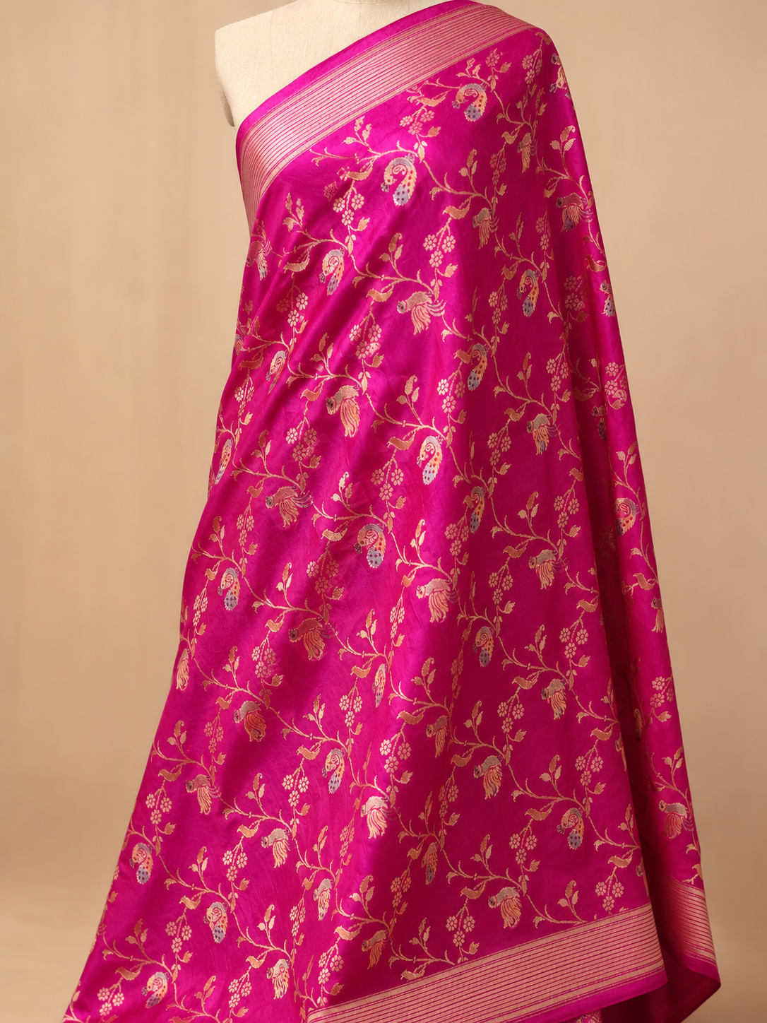Hand Brush-Dyed Moonga Silk Dupatta with Floral Vine and Bird Motifs