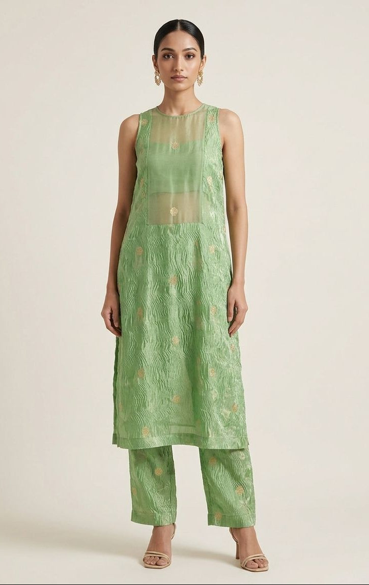 Pastel Green Crushed Tissue Fabric with Gold Zari Floral Motifs