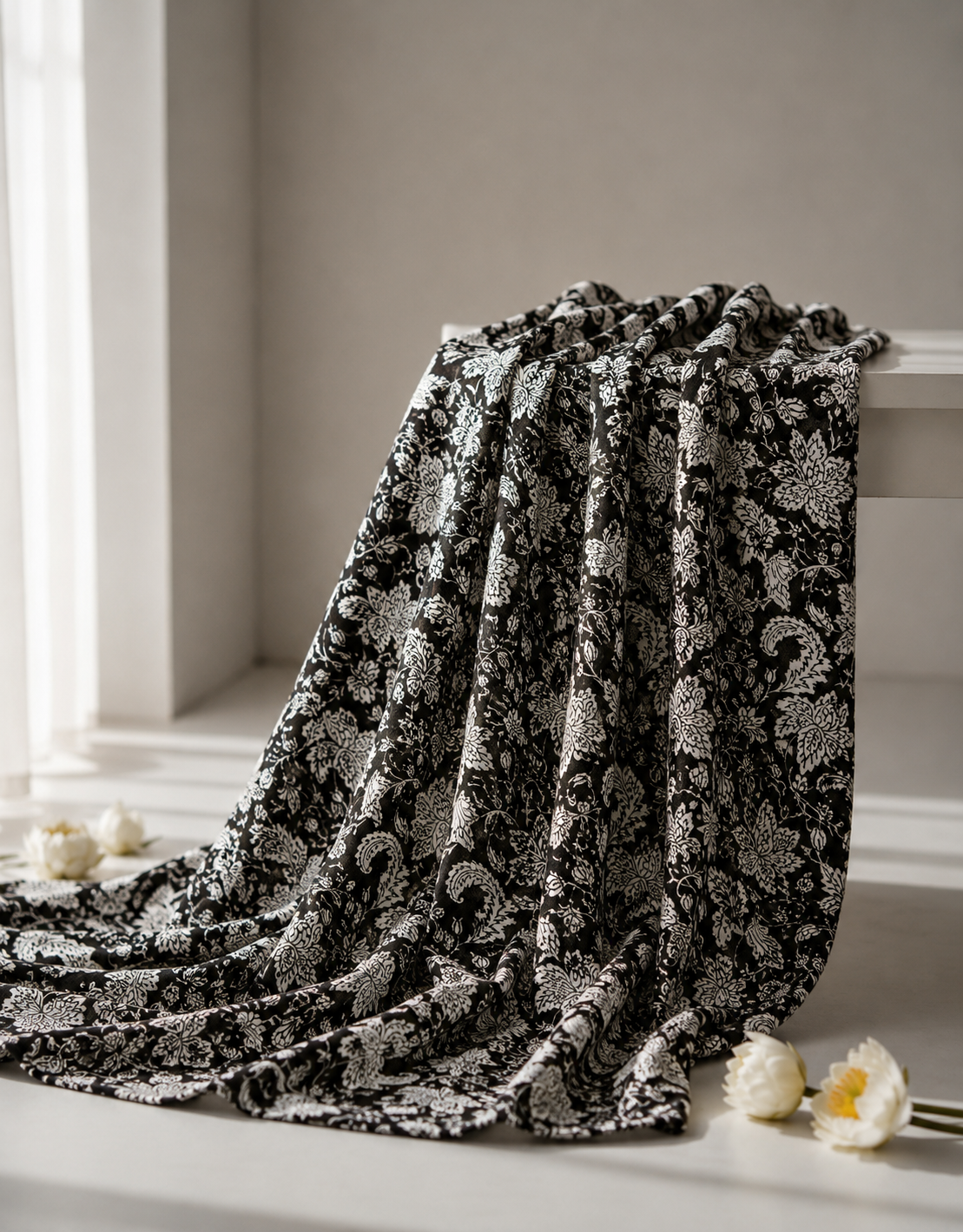 Pure Chanderi Silk Fabric With Black Hand Block Prints
