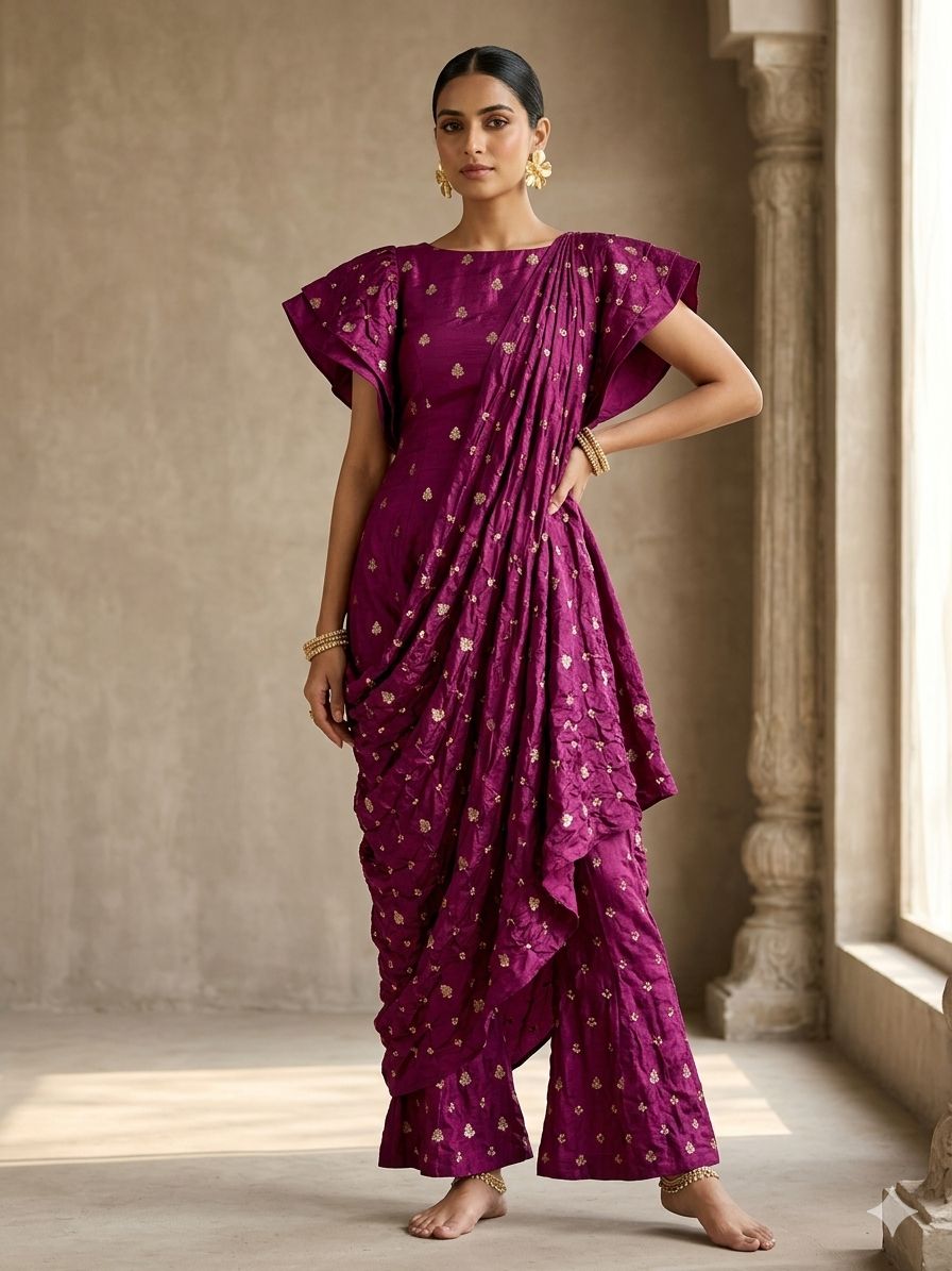 Berry Magenta Chiniya Silk Fabric With Bandhani