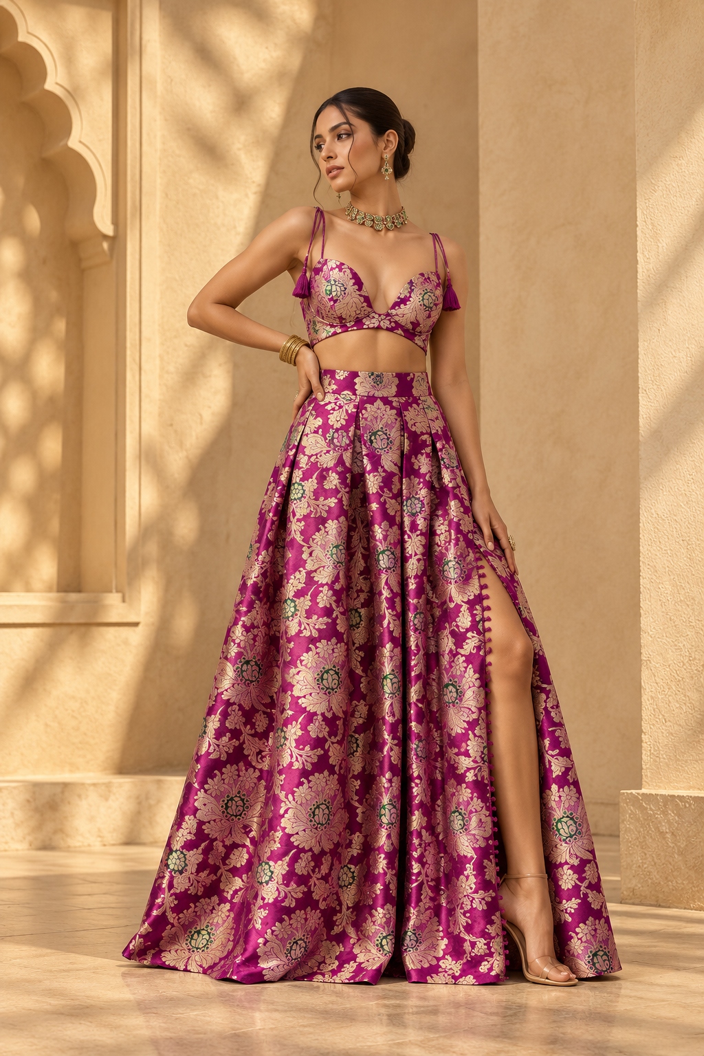 Magenta Purple Banarasi Allover Floral Jaal Pure Katan Silk Fabric