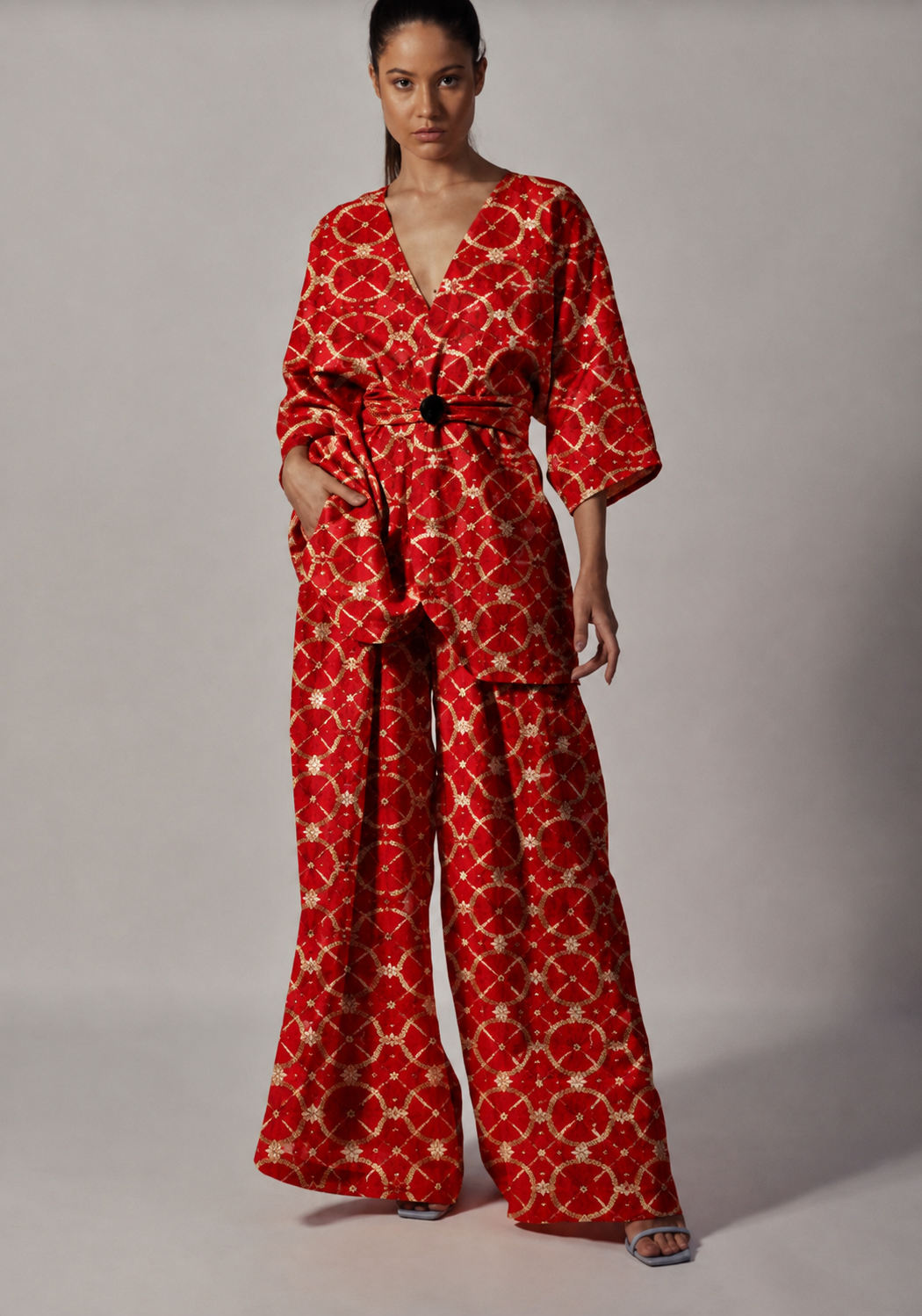 Deep Red Chiniya Silk Weaving Bandhani Fabric
