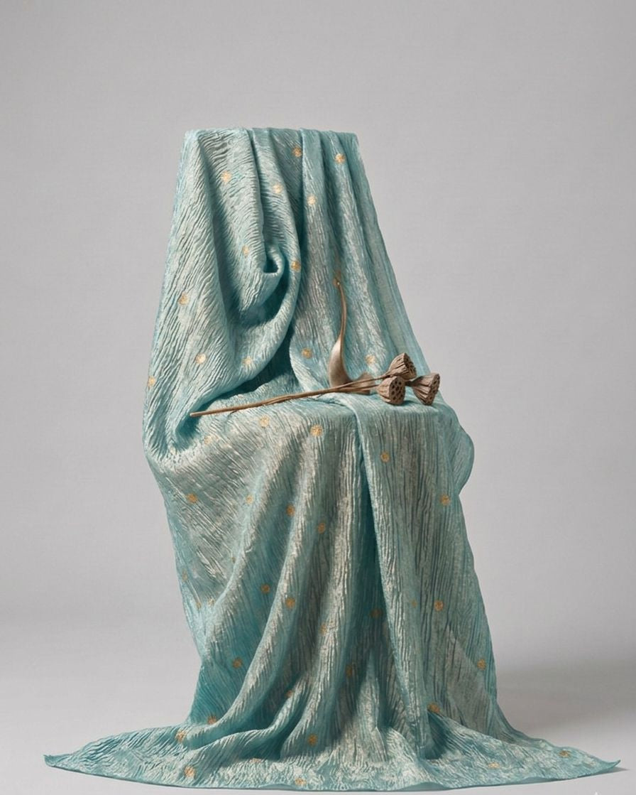 Ice Blue Crushed Tissue Fabric with Gold Zari Polka Motifs