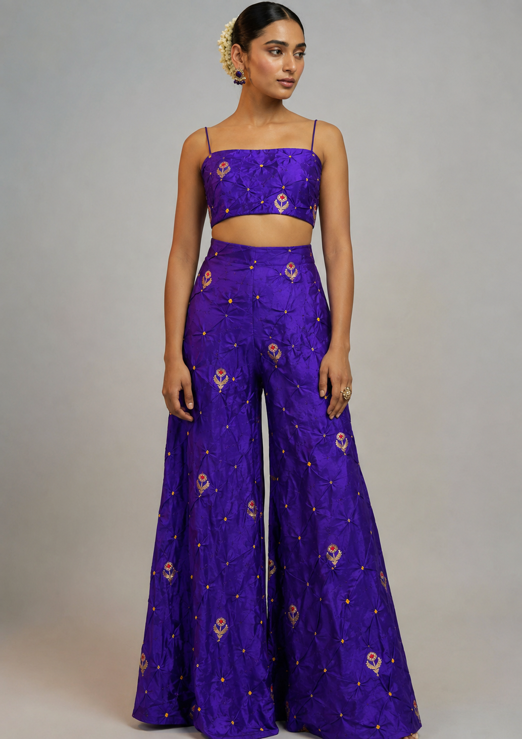 Royal Purple Chiniya Silk Bandhani Fabric With Kadhwa Motif