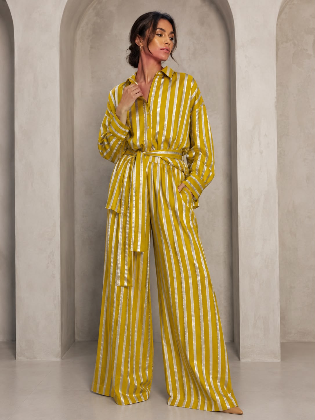 Mustard Yellow & Silver Pure Satin Silk Stripe Fabric