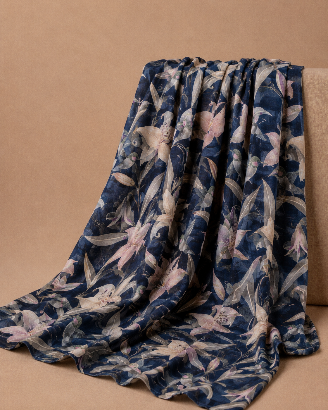 Navy Blue Tussar Kalamkari Printed Fabric