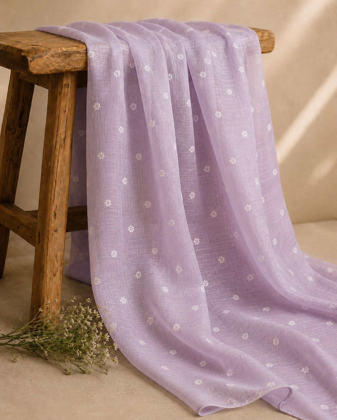Pastel Pink Silk Linen Fabric With Flower Embroidery