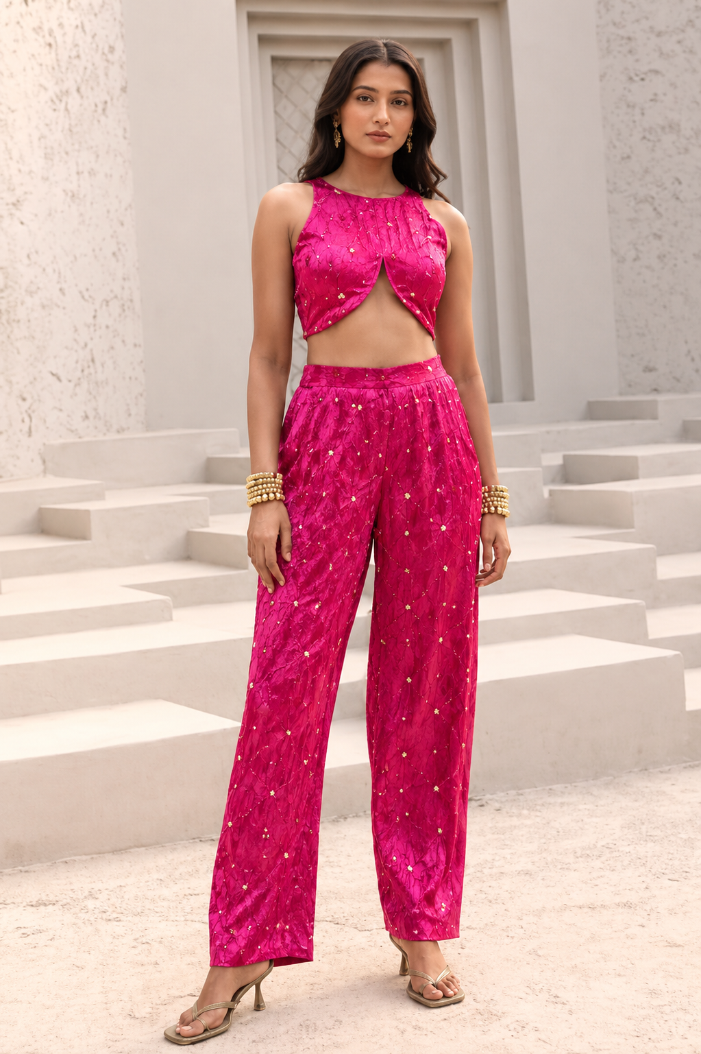 Pink Chiniya Silk Fabric With Bandhani