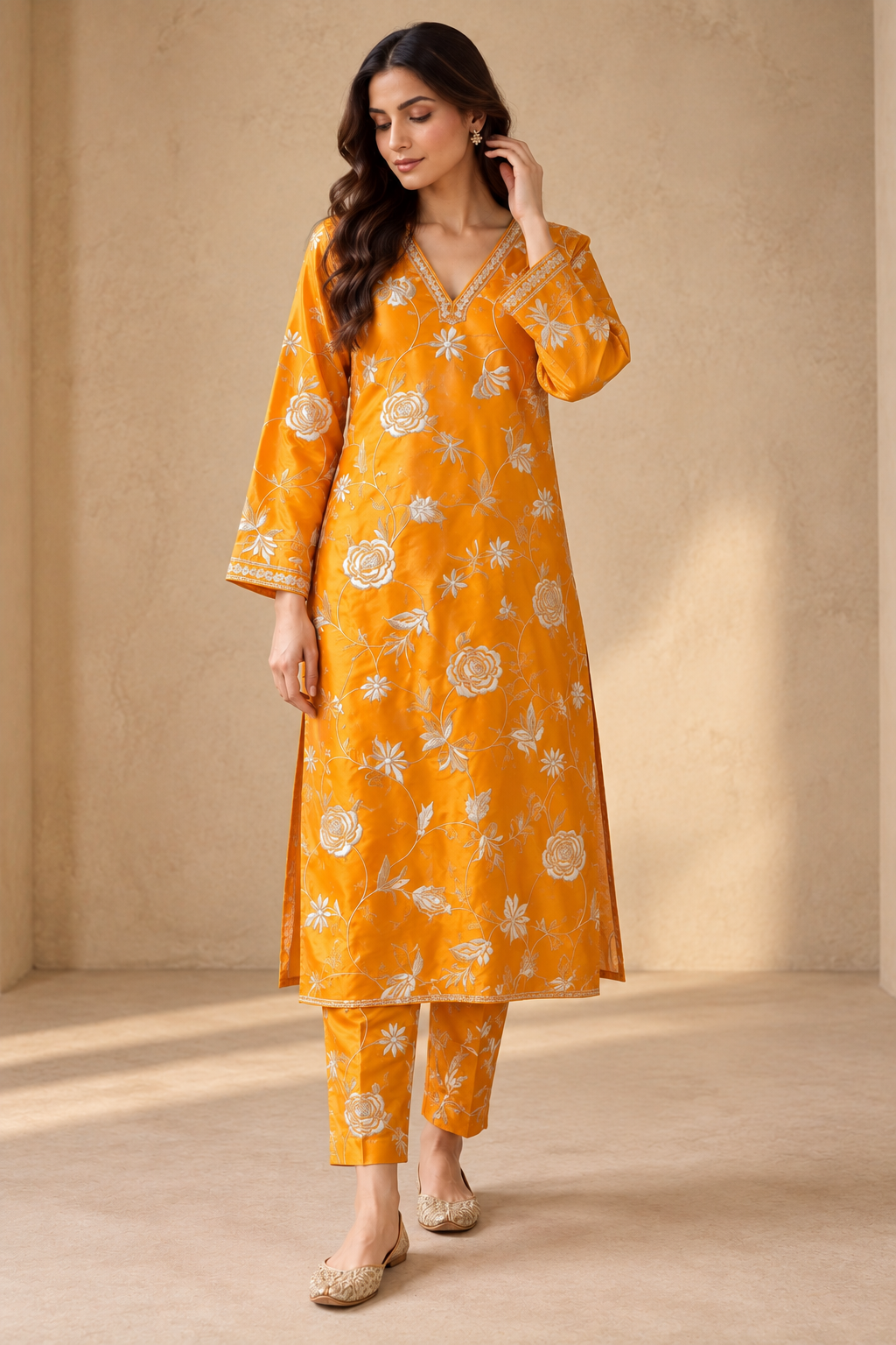 Mustard Yellow Muslin Fabric With Parsi Embroidery