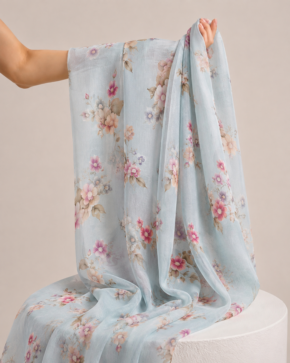 Pastel Blue Mul Floral Prints Fabric