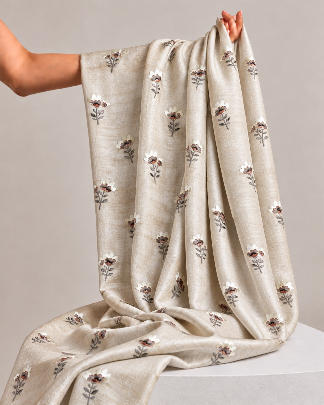 Beige Pure Tussar Natural Floral Embroidered Fabric
